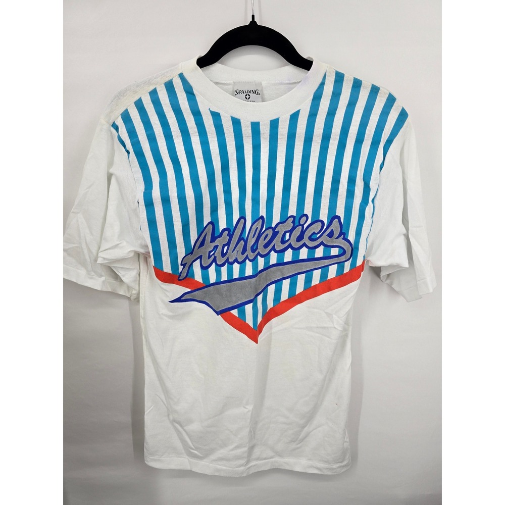 Vintage Spalding Athletics T Shirt Mens Small White Blue Striped Made in USA 90s